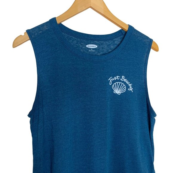 Old Navy Tank Top Just Beachy Shell Embroidered Linen Blend Teal Blue Shirt  M - Picture 2 of 6